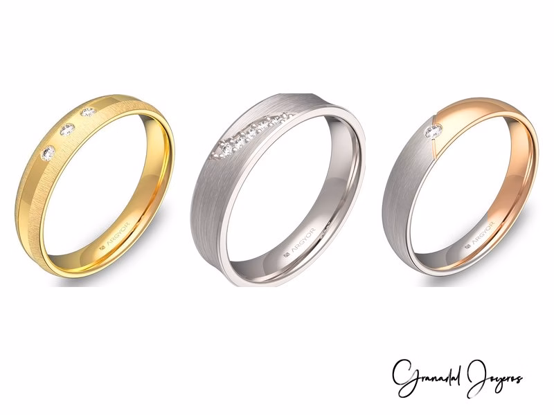 Alianzas de oro amarillo, oro blanco y oro rosa con diamantes